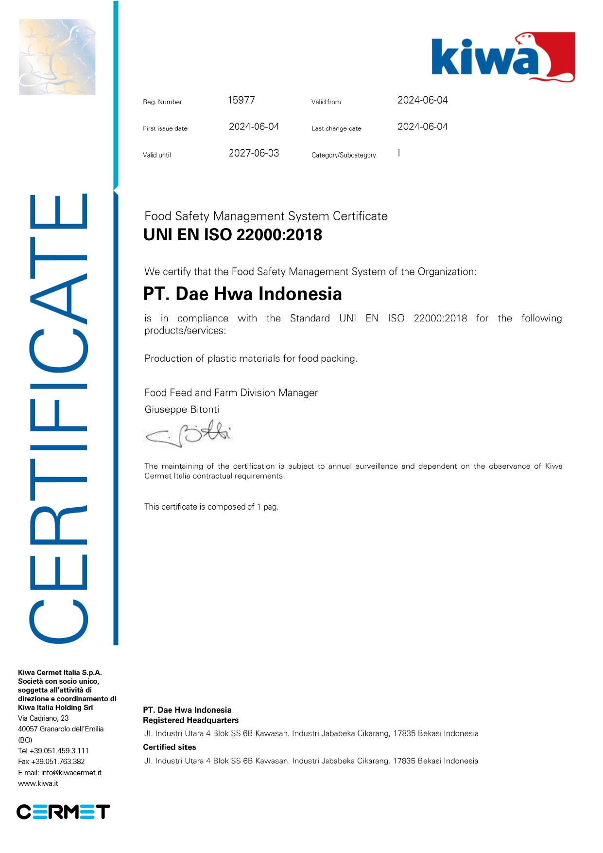 ISO 22000:2018 certificate